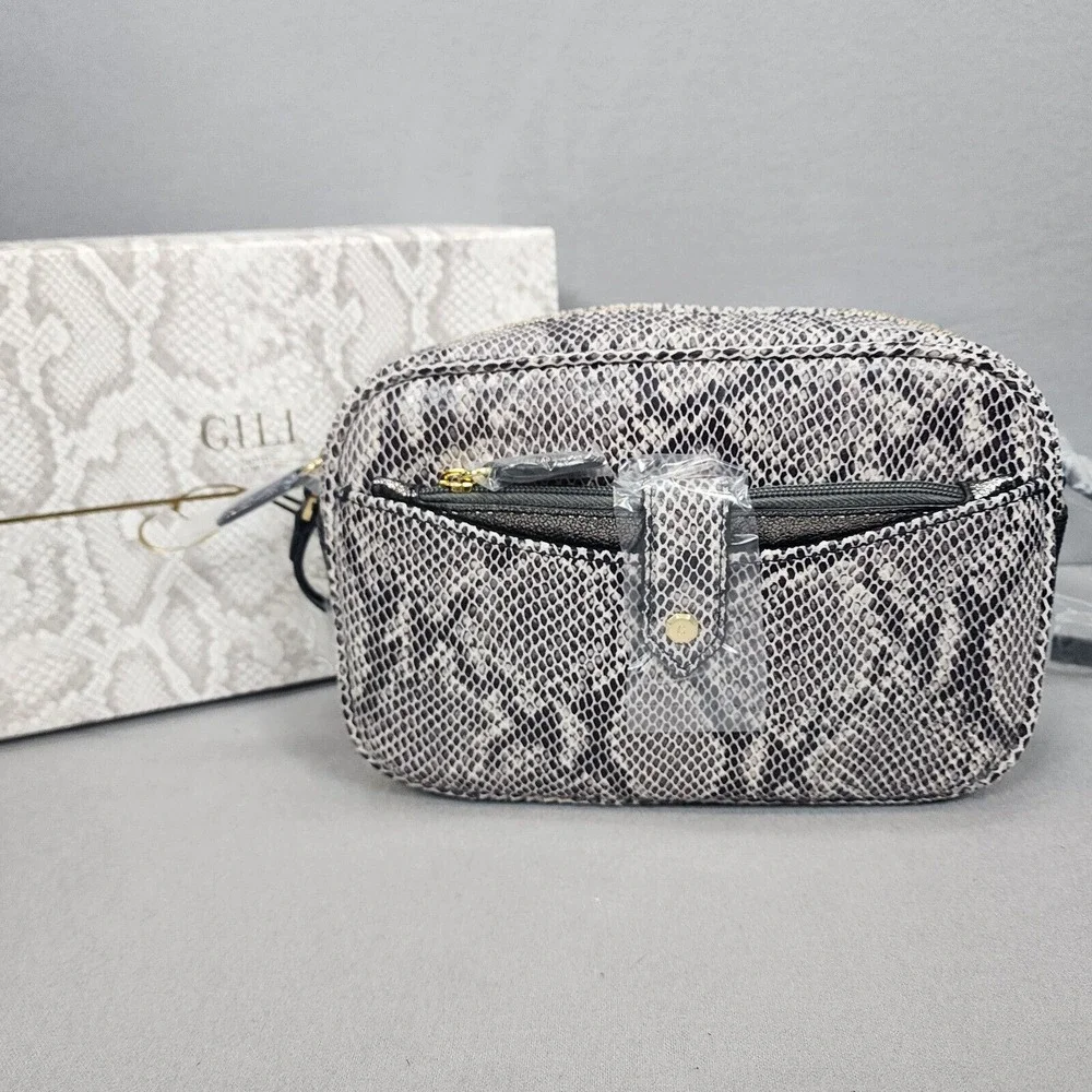 GILI Camera Bag Grey Snake Embossed Leather Crossbody Womens Small